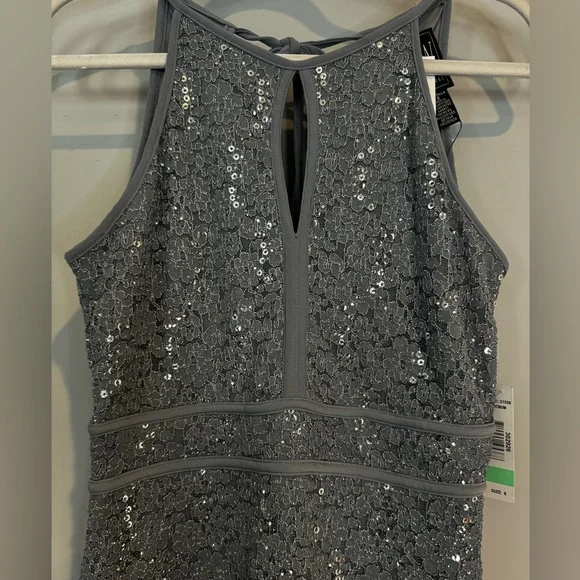 Silver, sequined, sleeveless dress with tie back - Picture 8 of 14